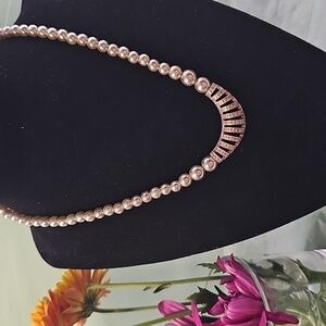 Vintage Avon SAQ Silver Tone Rhinestone and Faux Pearl Beaded Necklace 17”+3.5”